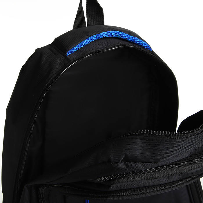 Рюкзак молодёжный из текстиля на молнии, 4 кармана, цвет чёрный/синий - фото 4 - id-p223793147