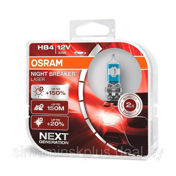 Лампа автомобильная Osram Night Breaker Laser +150%, HB4, 12 В, 51 Вт, 2 шт, 9006NL-HCB 4666 - фото 1 - id-p223793502