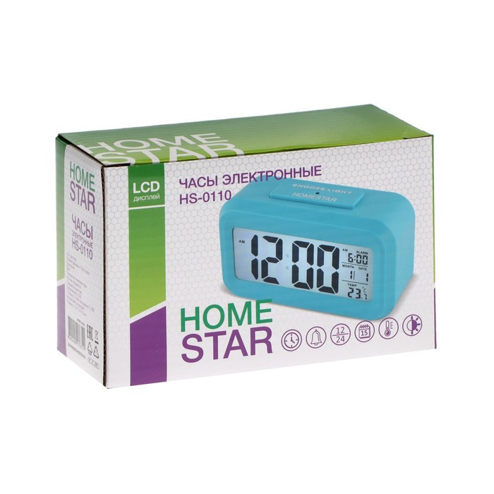 Часы HOMESTAR HS-0110, будильник, температура, подсветка, 3хААА, синие - фото 7 - id-p223797210