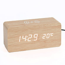 Настольные электронные часы "Цифра-ТЗ", будильник, термометр, QI зарядка, белая индикация