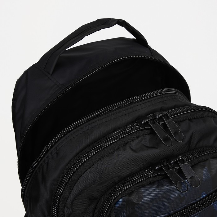 Рюкзак мужской со светоотражающими элементами, 2 отдела на молниях, 4 наружных кармана, цвет чёрный/синий - фото 4 - id-p223799180