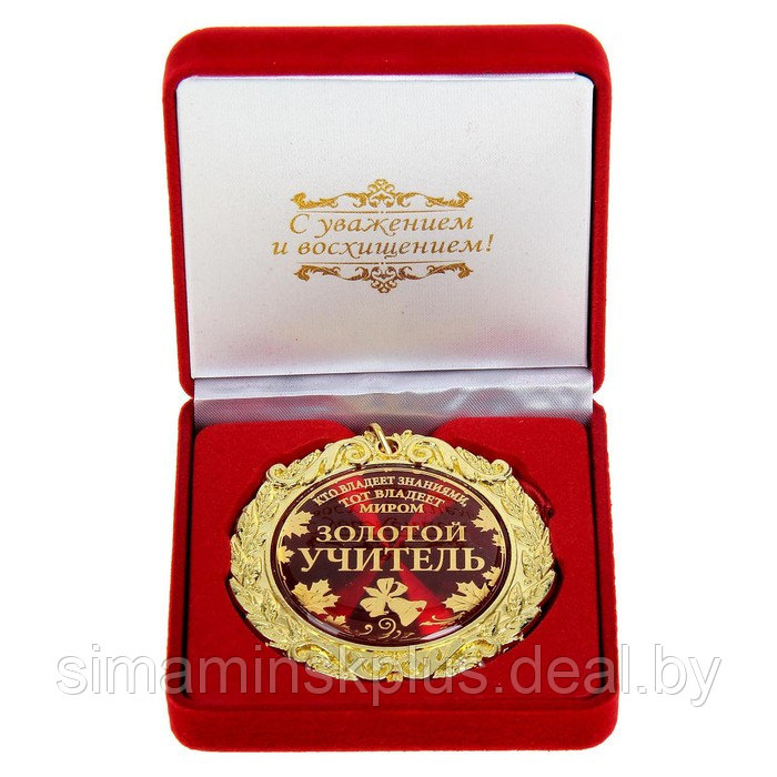 Медаль в бархатной коробке "Золотой учитель", диам. 7 см - фото 1 - id-p223800943