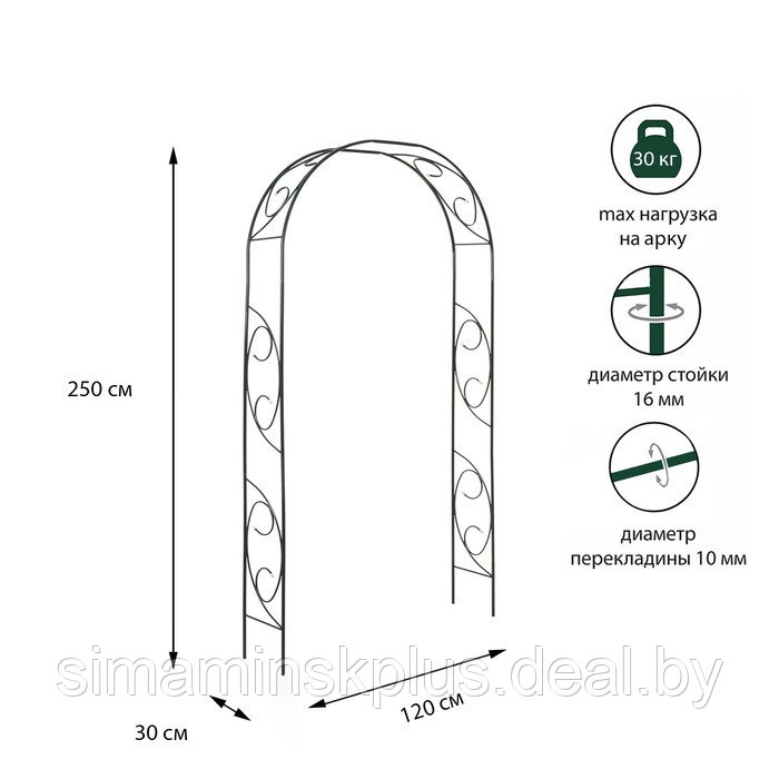 Арка садовая, разборная, 250 × 120 × 30 см, металл, зелёная, «Узор-1» - фото 1 - id-p223802118