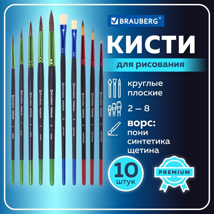 Набор кистей 10 штук, BRAUBERG PREMIUM, круглые пони - 5 шт., синтетика - 3 шт., плоские щетина - 2 шт. - фото 2 - id-p223804573