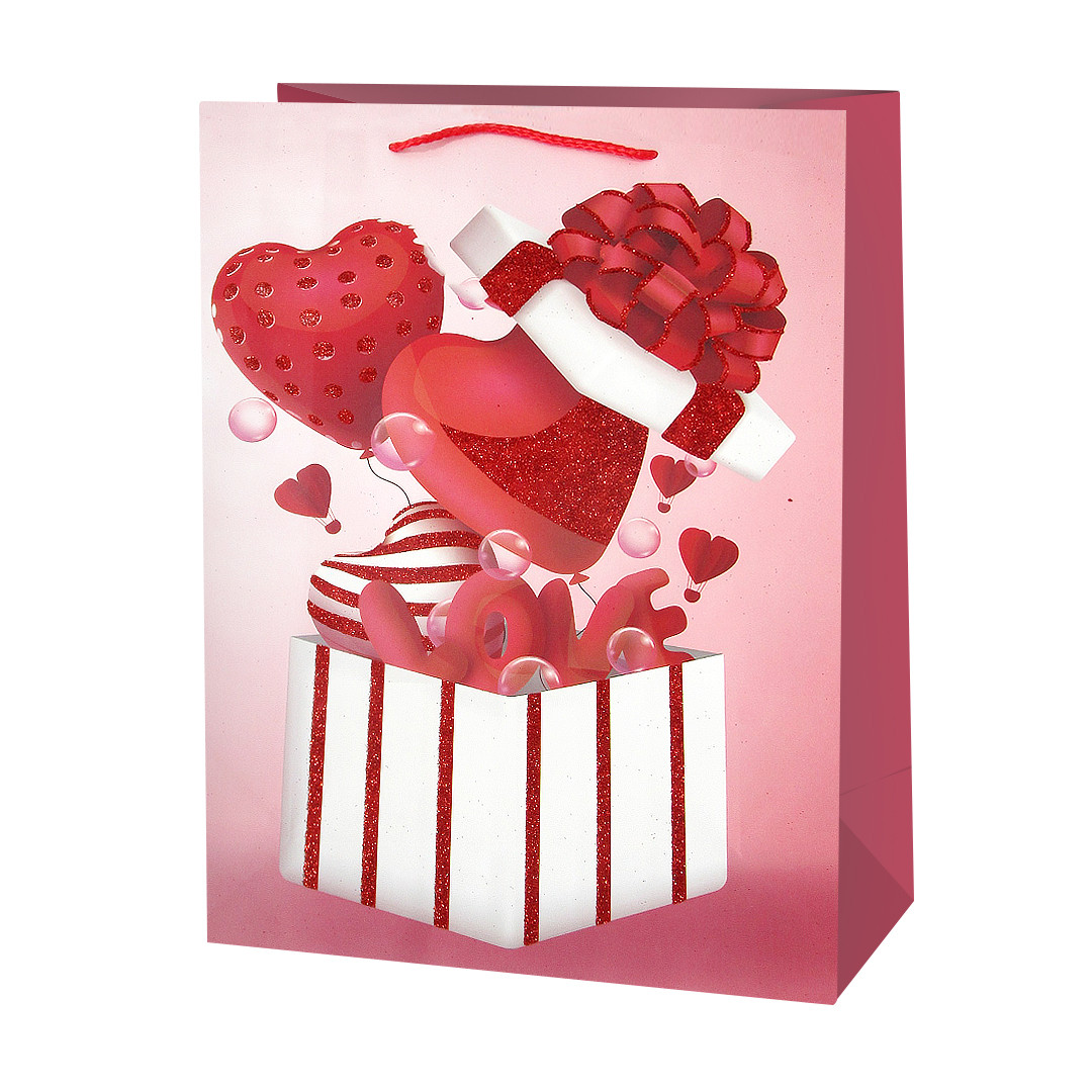 Пакет подарочный 26х10х32 см, Воздушные шары-сердечки, дизайн №2, с блестками (арт.502772)