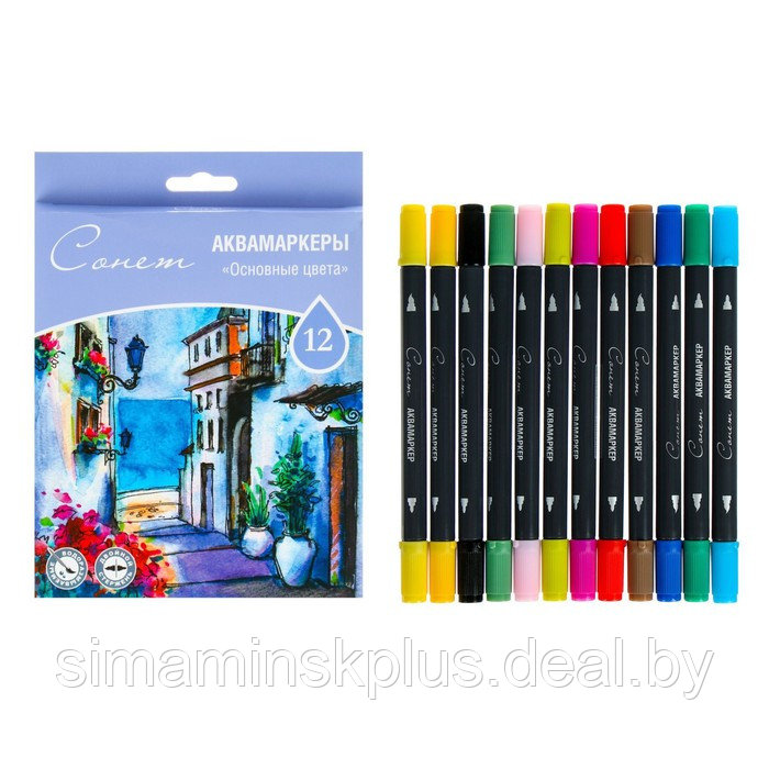Набор художественных маркеров "Сонет", 12 цветов, водная основа, двусторонний: пулевидная/кисть, основные - фото 1 - id-p223875960