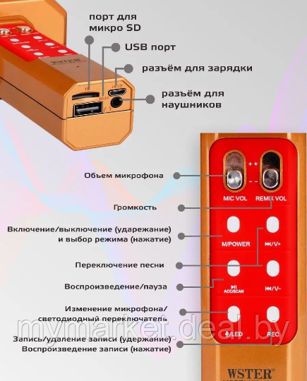 Микрофон караоке беспроводной WSTER WS-1828 (оригинал) - фото 3 - id-p223876193
