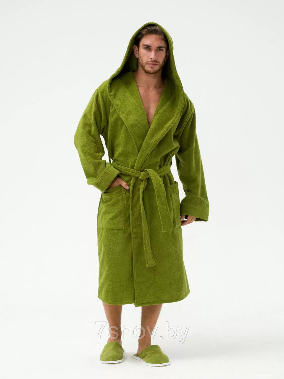 Мужской махровый халат размер 58-60 хаки с капюшоном