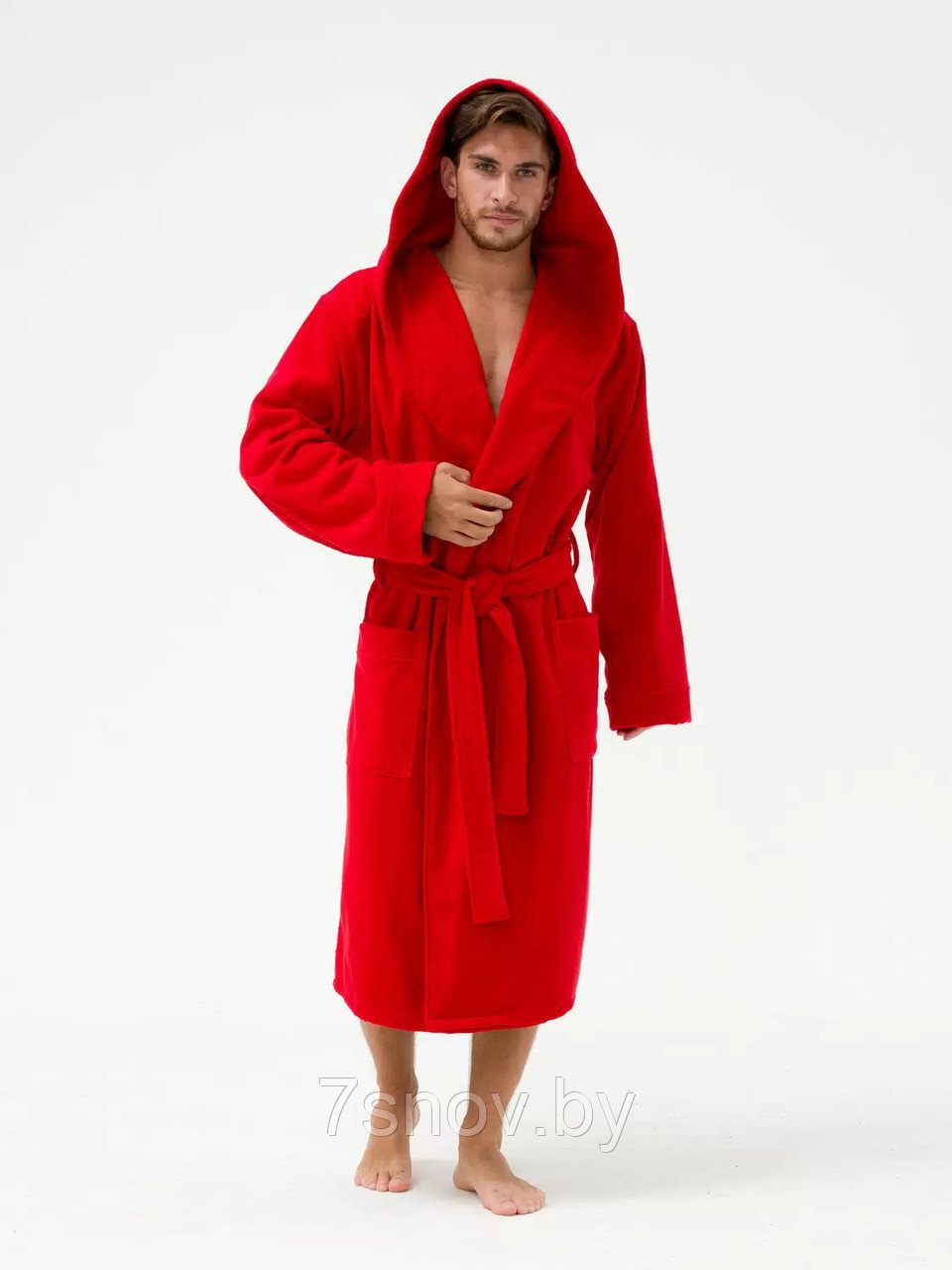 Мужской махровый халат размер 58-60 красный с капюшоном