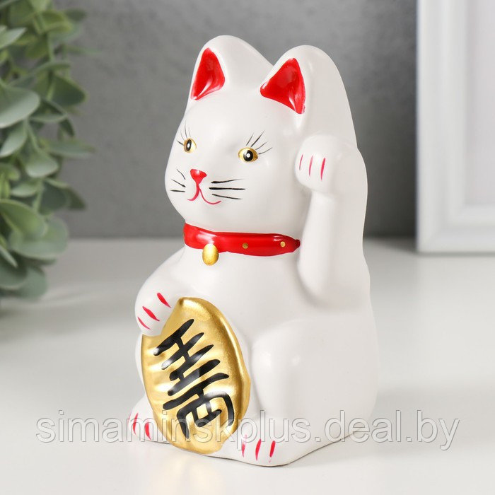 Копилка керамика "Белый кот Манэки-нэко с колокольчиком" 8х7,5х13 см - фото 4 - id-p223999135