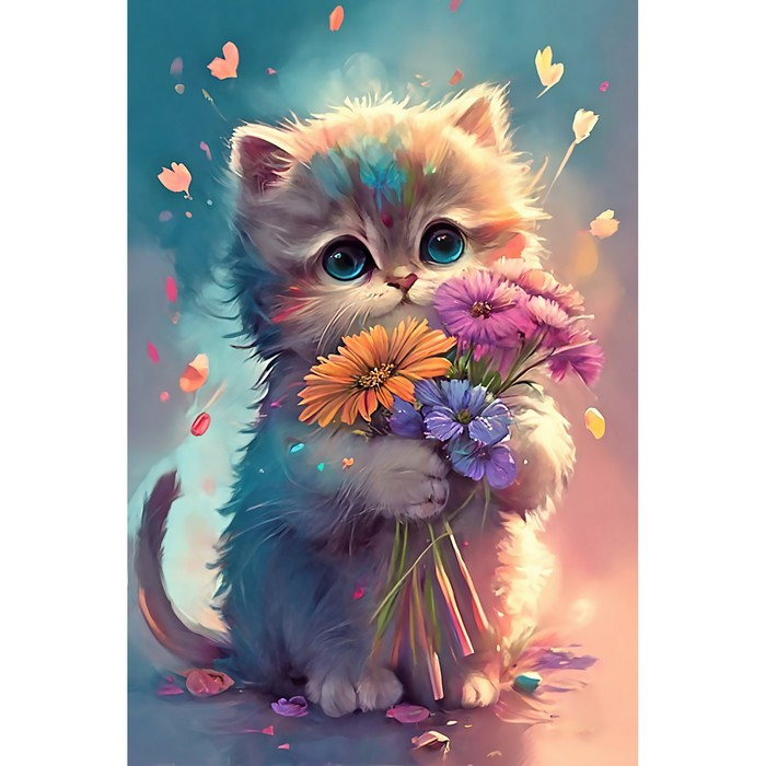 Алмазная мозаика «Котенок с цветами» 20 × 30 см, без подрамника - фото 1 - id-p224008701
