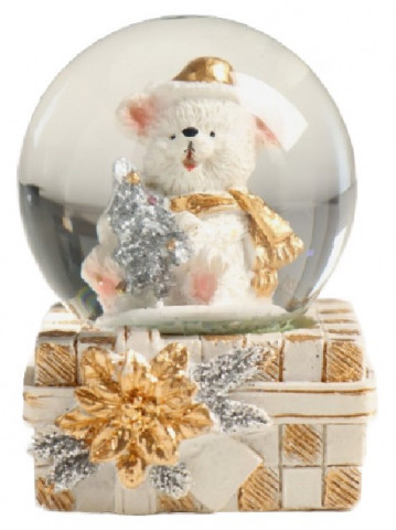 Сувенир полистоун «Белый миша с ёлочкой в подарке» (водяной шар) 4,5*4,5*6,5 см, золотисто-серебристый - фото 3 - id-p220671256