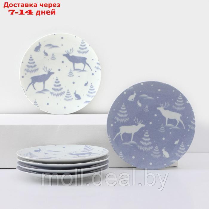 Набор фарфоровых тарелок "Зимний лес", 6 предметов, d=20 см, микс - фото 1 - id-p223991255