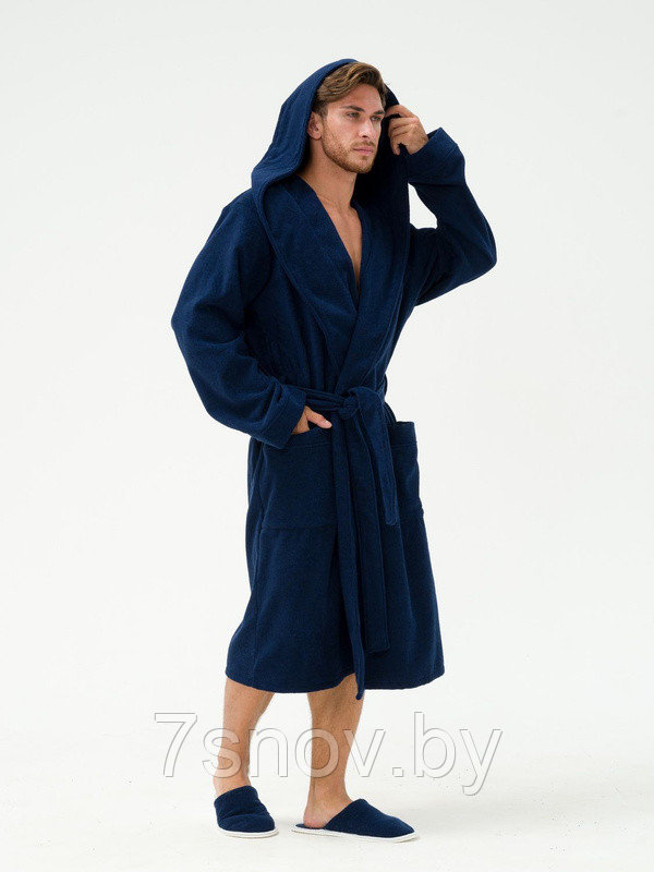 Мужской махровый халат размер 58-60 темно-синий с капюшоном