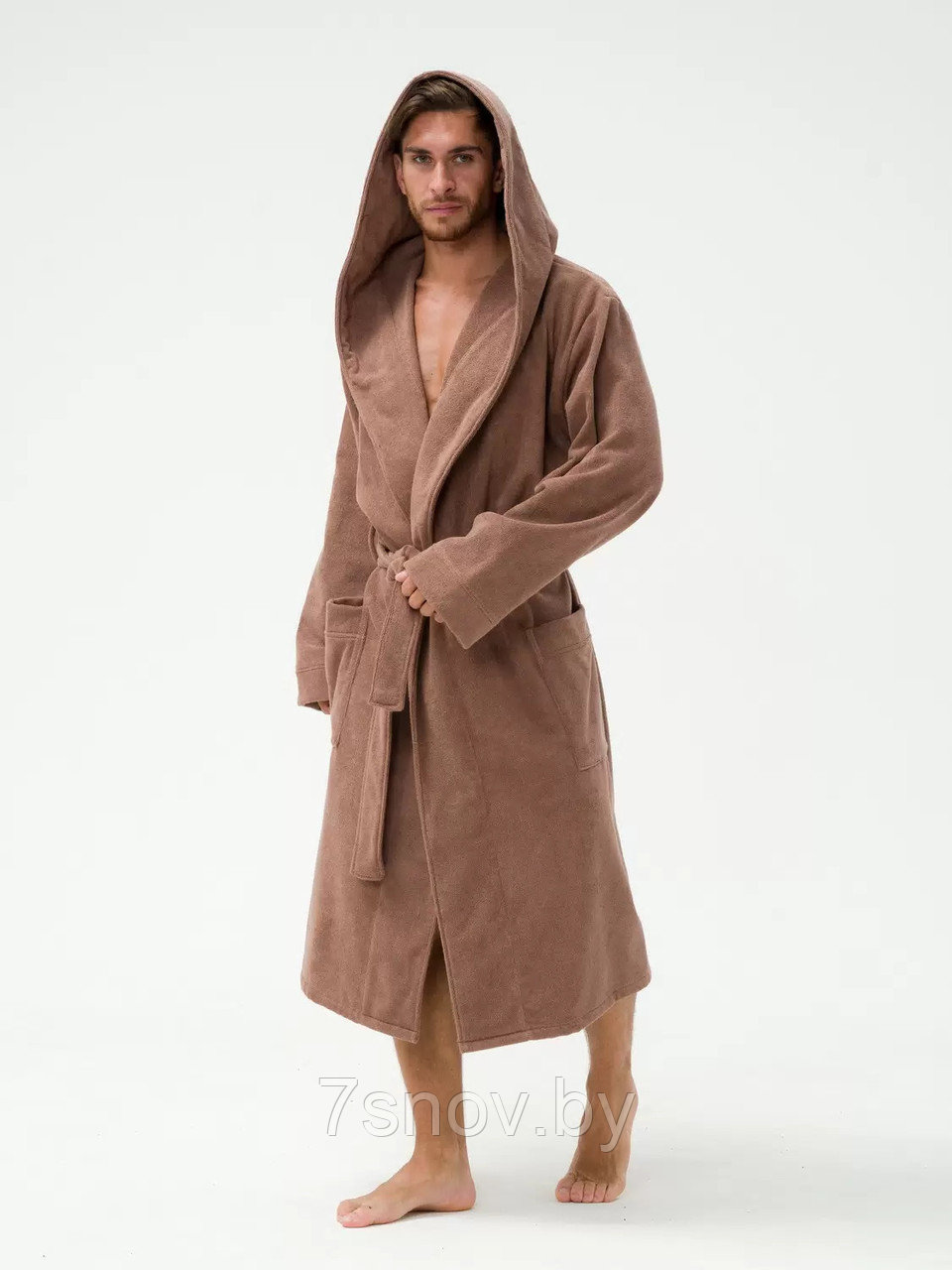 Мужской махровый халат размер 50-52 коричневый с капюшоном