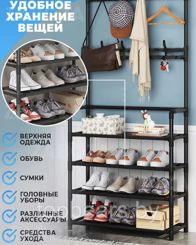 Напольная вешалка для обуви и одежды с полками и крючками New Simple floor Clothes Rack 4 яруса 158х60х28 см. - фото 4 - id-p224022790