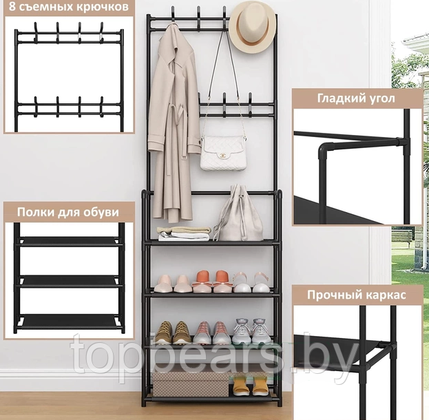 Напольная вешалка для обуви и одежды с полками и крючками New Simple floor Clothes Rack 4 яруса 158х60х28 см. - фото 8 - id-p224022790