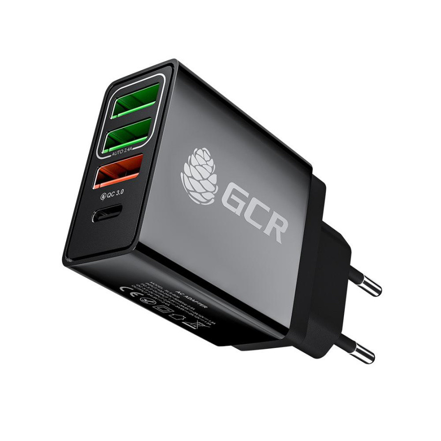 GCR Сетевое зарядное устройство на 4 USB порта (2 х 2A + QC 3.0 + PD 18W) , черное, GCR-52884 GCR Сетевое - фото 1 - id-p224026096