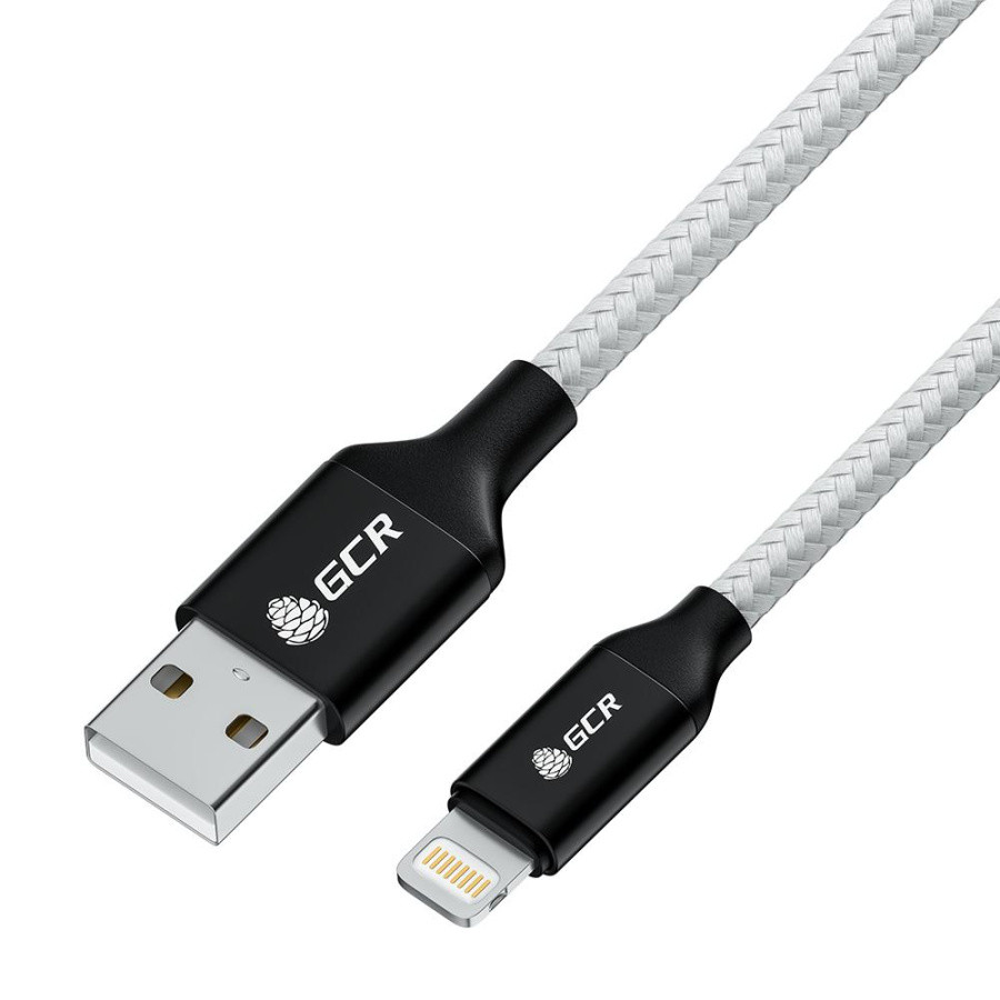 Кабель GCR 1.0m USB AM/Lightning - поддержка всех IOS, MFI, белый нейлон, AL корпус черный, черный ПВХ, - фото 1 - id-p224027193