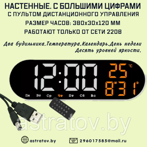 Настенные с большими цифрами.Будильник Температура Календарь Дни недели Пульт управления - фото 1 - id-p216266387