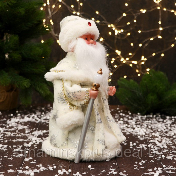 Дед Мороз "С фонариком на посохе и узорами на шубке" 30 см, двигается, белый - фото 2 - id-p224029051