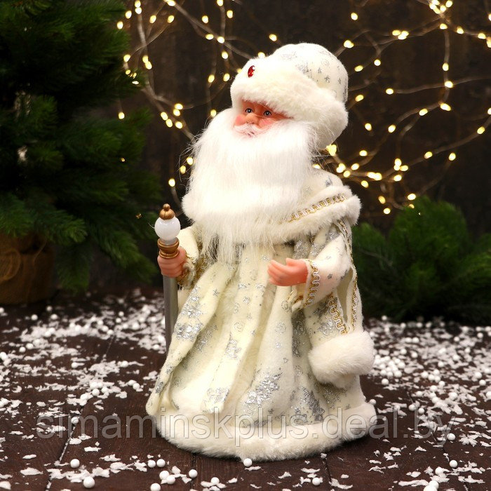 Дед Мороз "С фонариком на посохе и узорами на шубке" 30 см, двигается, белый - фото 4 - id-p224029051