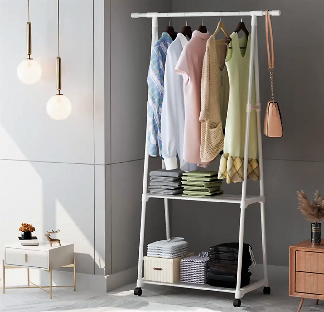 Вешалка передвижная напольная с полками Triangle clothes Rack 160х55х42 см. / Стойка для вещей, обуви на колес - фото 1 - id-p213176240