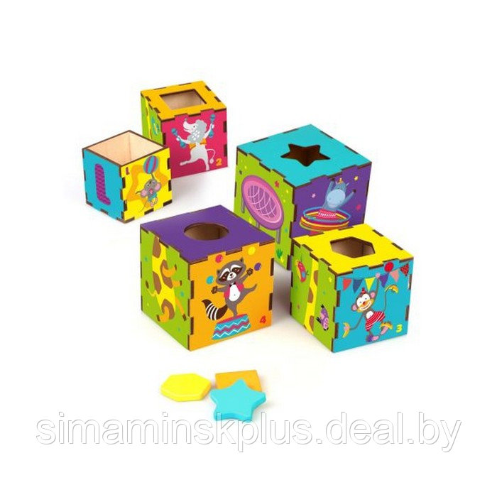 Умные кубики "Веселый Цирк" 3в 1 кубики, сортер, пирамидка - фото 1 - id-p224099607