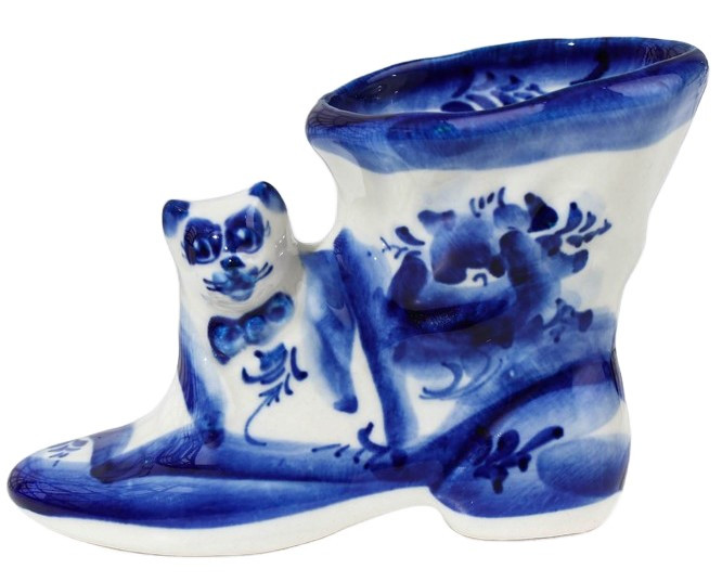 Сувенир фарфоровый «Сапог с котом» (гжель) высота 7 см, бело-синий - фото 3 - id-p203780054