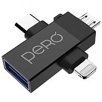 Аксессуар Pero AD14 OTG USB 3.0 - Lightning + USB-C + MicroUSB Black PRAD14BL