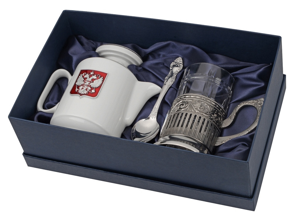 Чайный набор с подстаканником и фарфоровым чайником ЭГОИСТ-М, серебристый/белый - фото 1 - id-p224145010