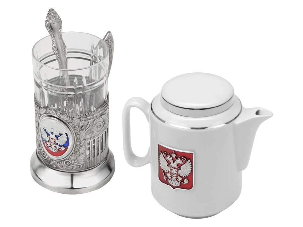 Чайный набор с подстаканником и фарфоровым чайником ЭГОИСТ-М, серебристый/белый - фото 2 - id-p224145010