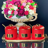 Набор банок Lenardi, с ложками на подставке, фарфор, 300 мл, 3 шт, цвет красный
