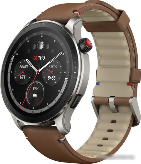 Умные часы Amazfit GTR 4 (серебристый, с коричневым кожаным ремешком) - фото 1 - id-p224180554
