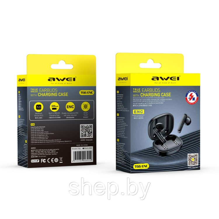 Беспроводные наушники AWEI T66 TWS с шумоподавлением ENC Цвет : черный - фото 7 - id-p224263667