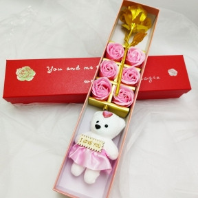 Подарочный набор из Мишки, мыльных роз и фольгированной розы / Подарок 8в1 в коробке Розовый - фото 1 - id-p224286548