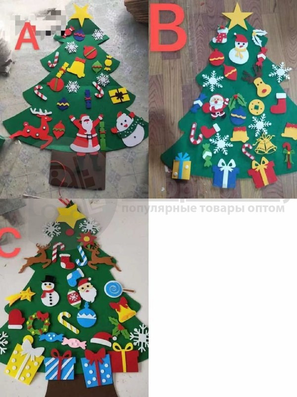 Елочка из фетра с новогодними игрушками липучками Merry Christmas, подвесная, 93 х 65 см Декор В - фото 9 - id-p224287854