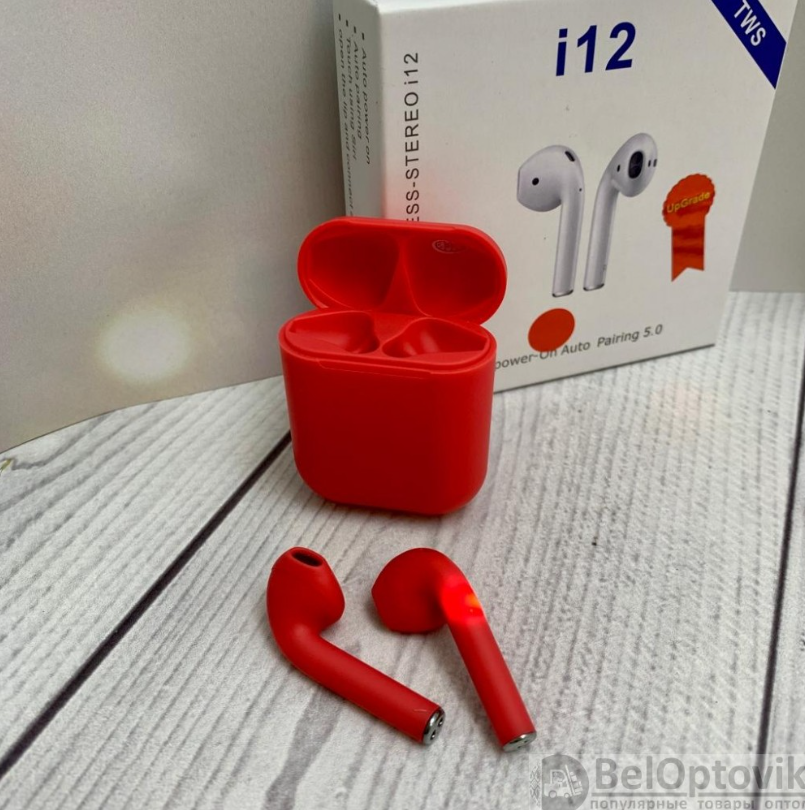 Беспроводные наушники i12 TWS (inPods i12) Bluetooth 5.0 с зарядным кейсом Красные - фото 10 - id-p224288649