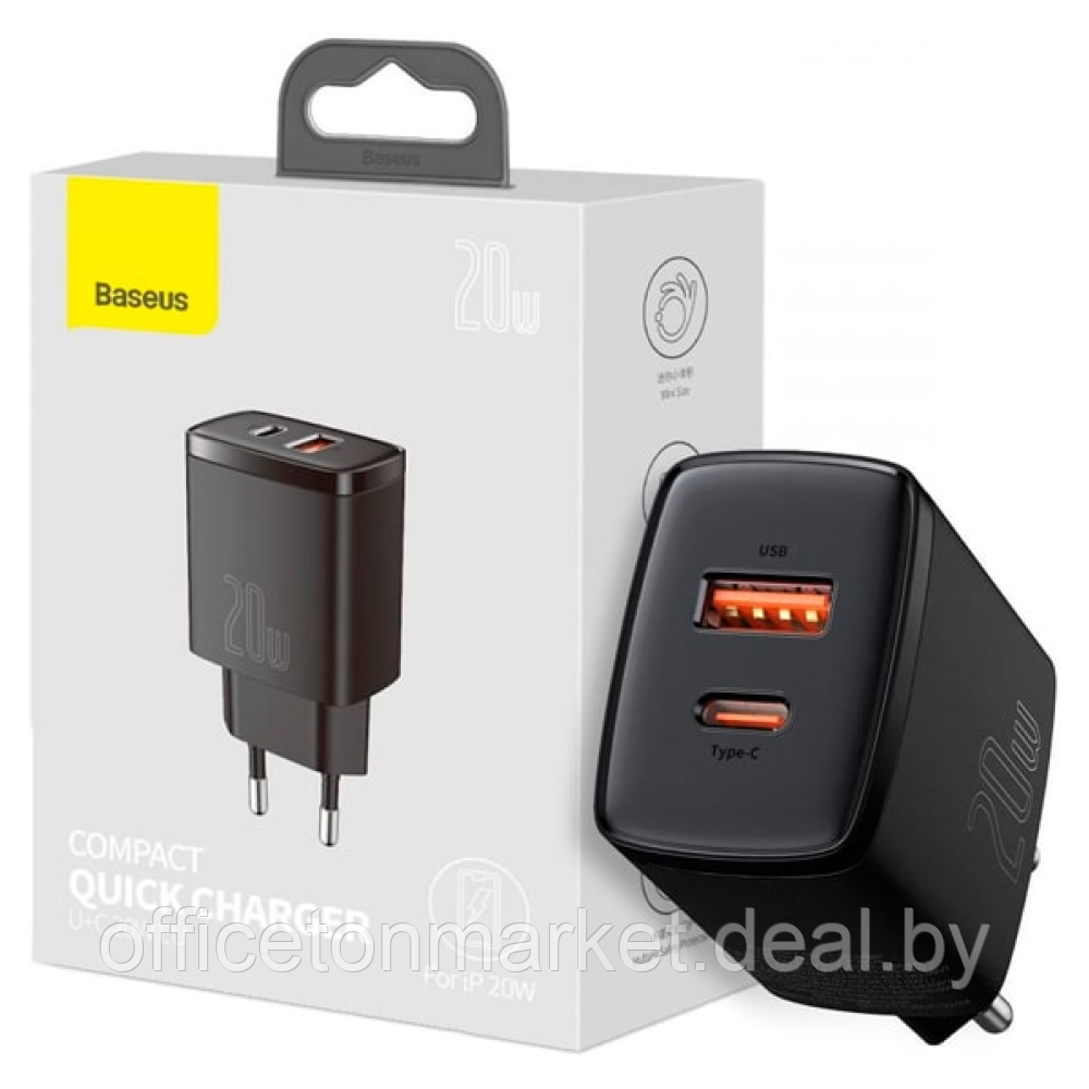 Сетевое зарядное устройство Baseus "CCXJ-B01", Compact Quick Charger USB+Type-C 20W, черный - фото 3 - id-p223600190