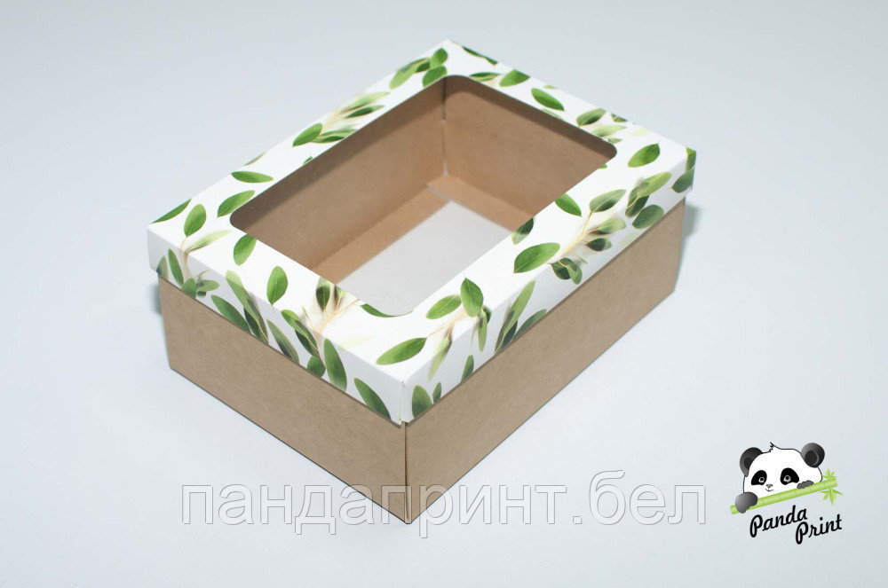 Коробка с прозрачным окном 270х190х100 Олива зеленая (крафт дно)