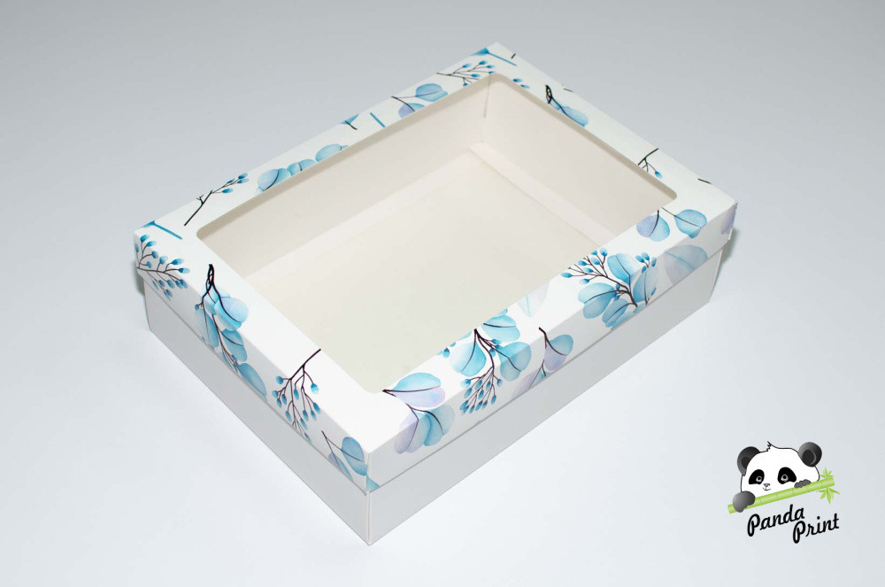 Коробка с прозрачным окном 350х250х100 Настроение свежести голубая (белое дно) - фото 1 - id-p224005435