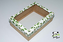 Коробка с прозрачным окном 350х250х100 Олива зеленая (крафт дно)