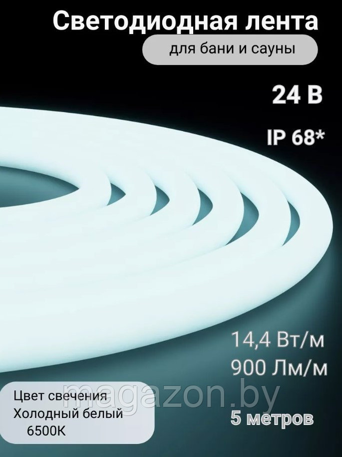 Лента светодиодная для бани и сауны 5м. 24В smd2835 IP68 6500К холодный белый