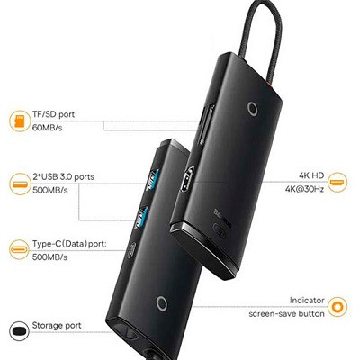 USB-хаб Baseus Lite Series 6-Port Type-C HUB Docking Station (WKQX050101) черный - фото 4 - id-p224303754