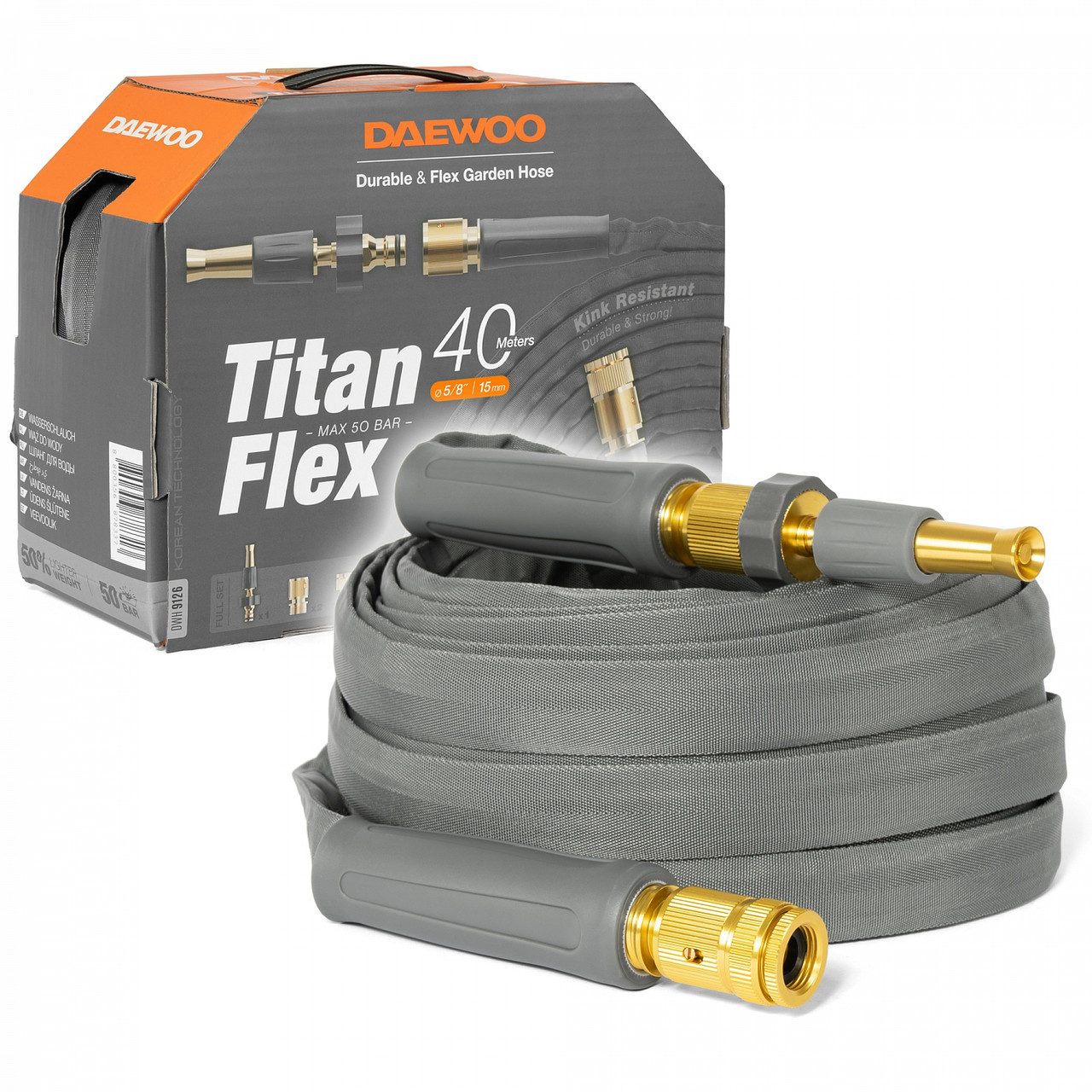 Шланг DAEWOO TitanFlex 40м, 5/8 " (15мм) с комплектом для полива - фото 1 - id-p224303853