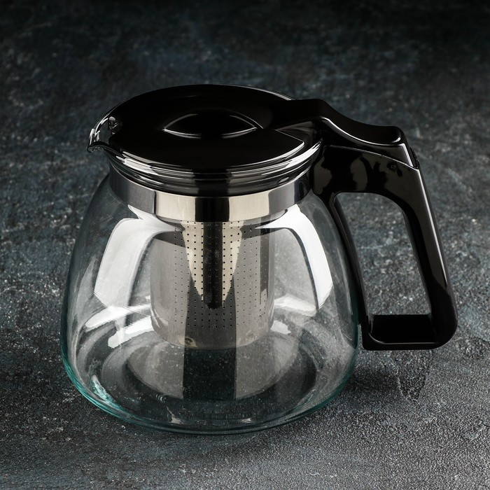 Чайник стеклянный заварочный Доляна «Иллюзия», 900 мл, с металлическим ситом, цвет чёрный - фото 1 - id-p224304246