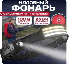 Фонарь USB налобный-лента светодиодный с аккумулятором Kang KI KY-689-3 (8 режимов, датчик движения)