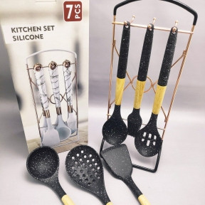 Набор кухонных силиконовых принадлежностей Kitchen set silicone 7 предметов на подставке / Черное дерево - фото 1 - id-p224307275