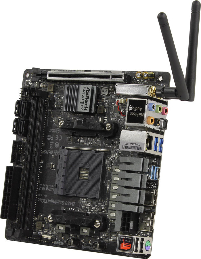 Мат. плата ASRock B450 GAMING-ITX/AC (RTL) AM4 B450 PCI-E HDMI+DP GbLAN SATA Mini-ITX 2DDR4 - фото 1 - id-p222447668