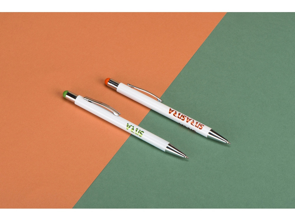 Ручка металлическая шариковая Flowery со стилусом и цветным зеркальным слоем, белый/оранжевый - фото 5 - id-p224312979